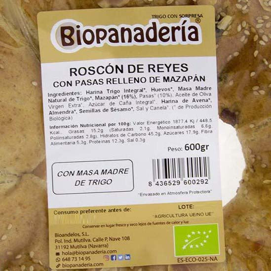 Roscón de Trigo con Pasas relleno de Mazapán 600g Ecológico de Elaboración Artesanal