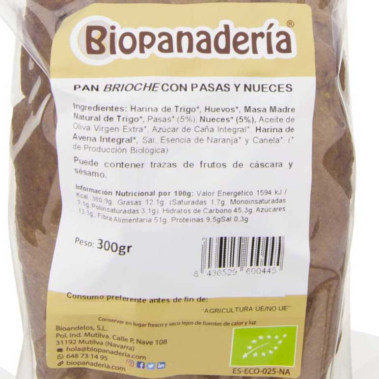 Pan Brioche de Trigo con Pasas y Nueces 300g Ecológico de Elaboración Artesanal