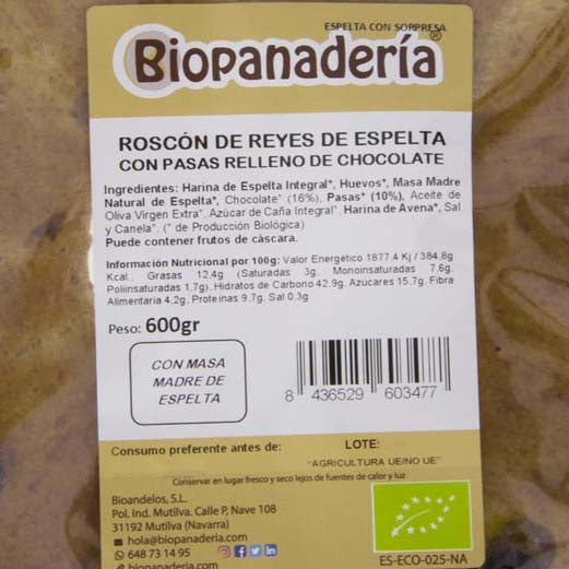 Roscón de Espelta com Passas recheado com Chocolate 600g Orgânico de Elaboração Artesanal