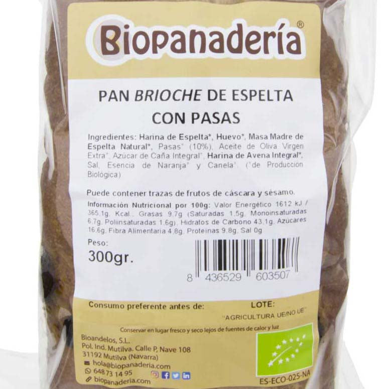 Pão de Espelta Brioche com Passas 300g Artesanal Biológico