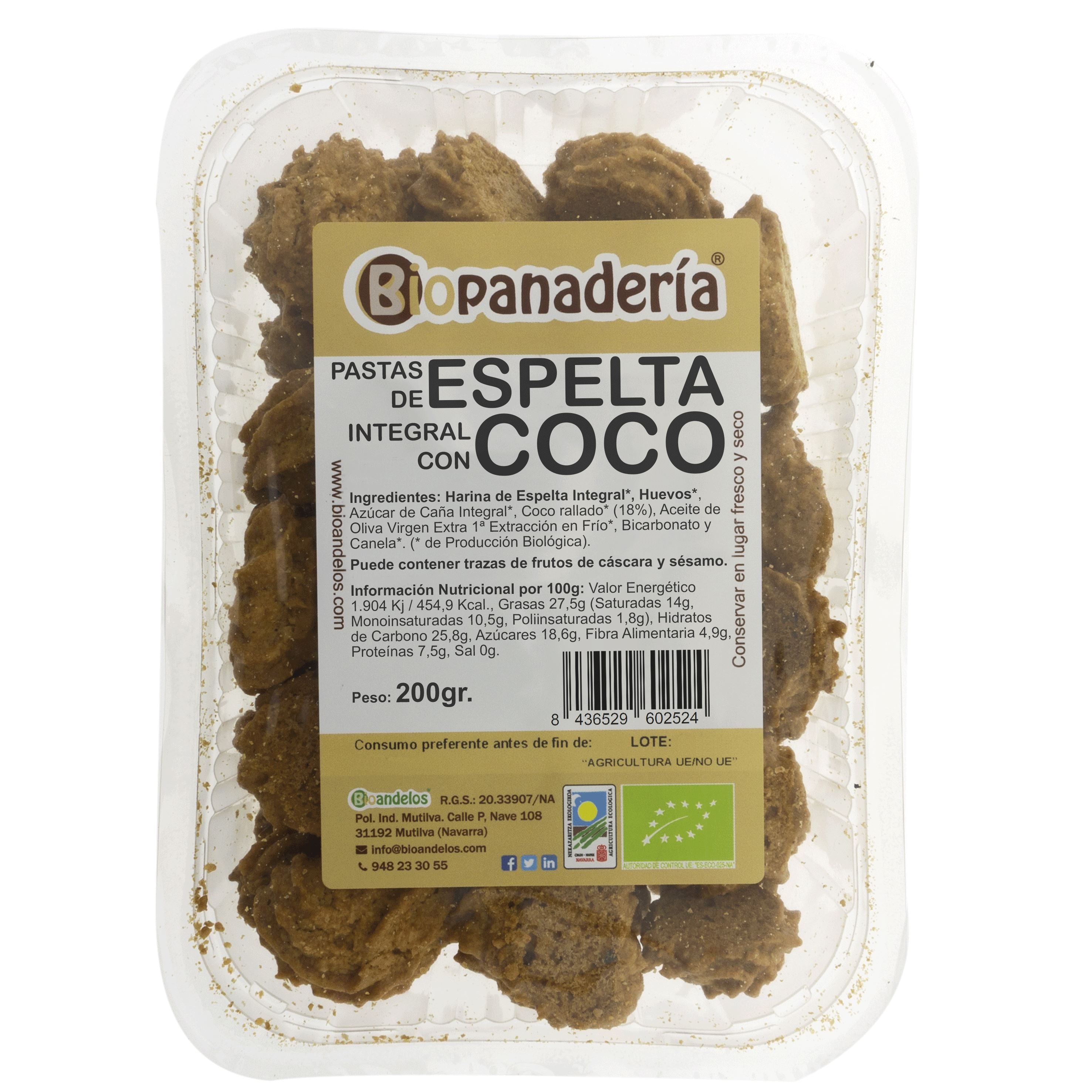 Pastas de Espelta Integral con Coco 200g Galletas Ecológicas Galletas Bioandelos 